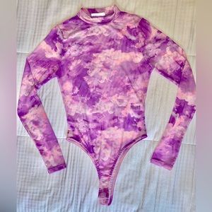 NWOT Black Bead see-through Mesh Long-sleeve Purple tie-dye Bodysuit Sz M